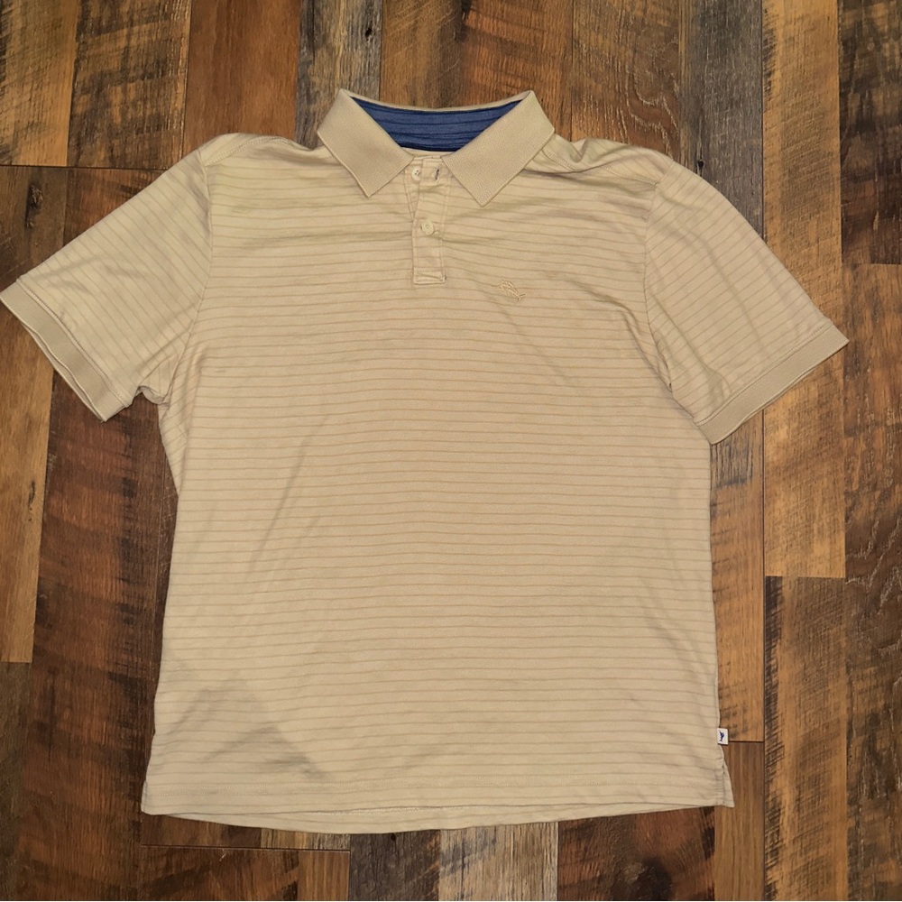 Tommy Bahama Mens Tan Khaki Striped Golf Polo Shirt M Beige Short Sleeve